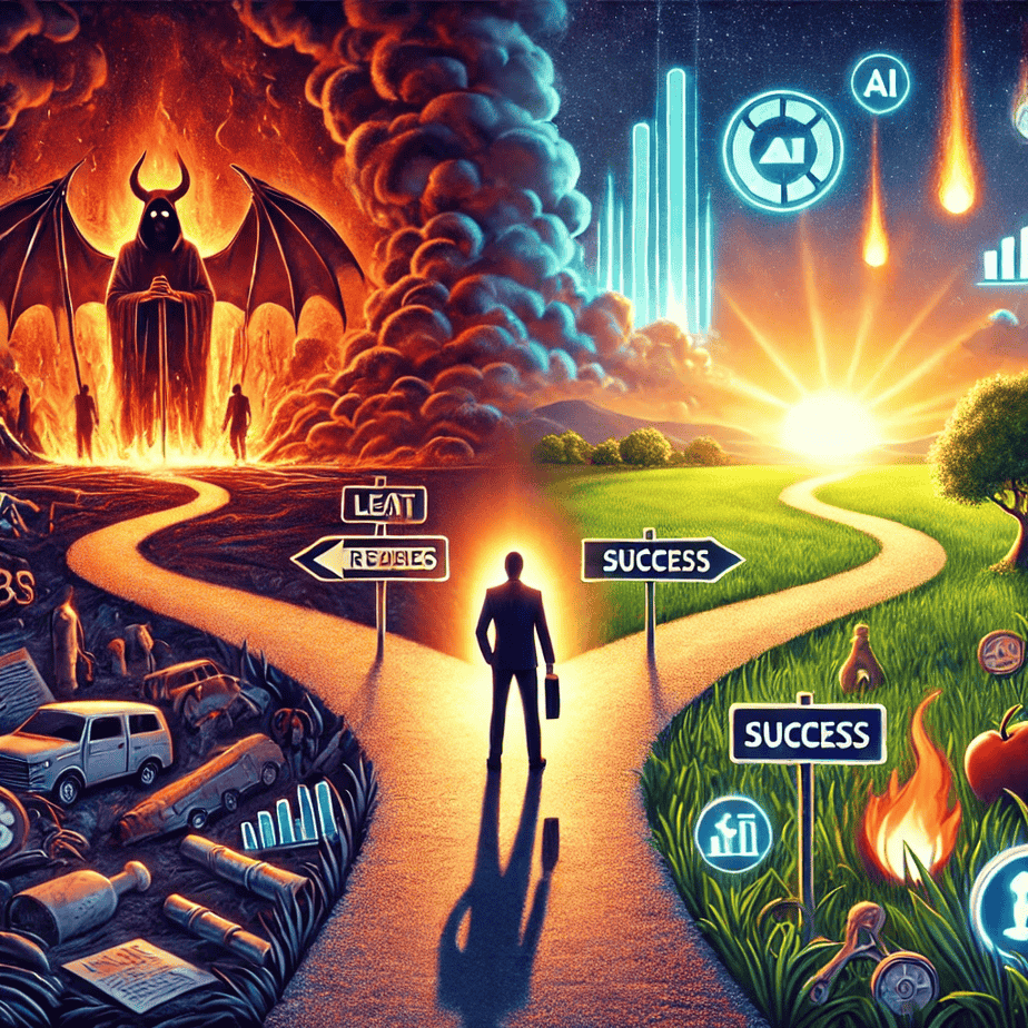 An image of a figure at a split in the road, representing a choice. To the left is a hellscape, representing the loss of a job and livelihood. To the right is a friendly AI assistant, and that road leads to a paradise of success and happiness.