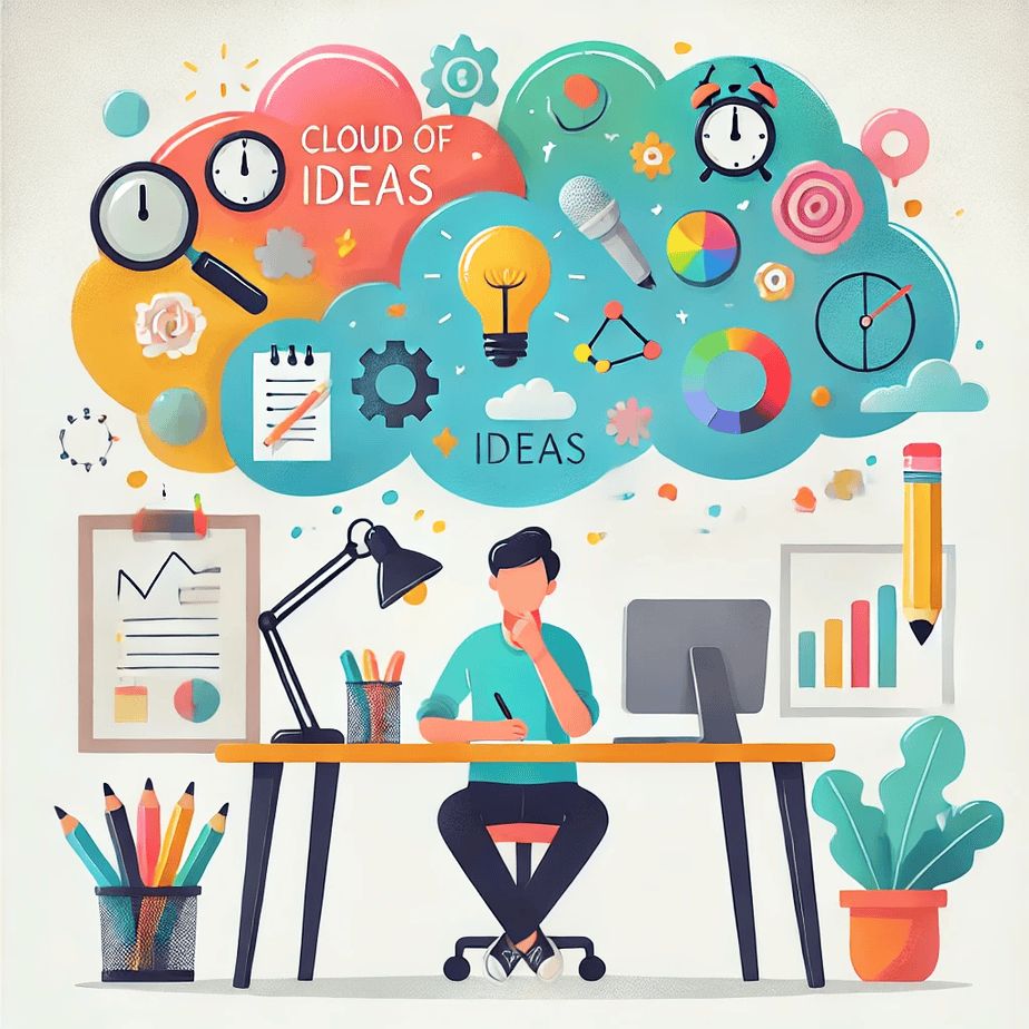 A whimsical illustration of a person with a "cloud of ideas" above their head. The cloud contains icons representing tools like a mind map, sticky notes, and writing tools. This would tie in with the idea of switching modalities and sparking creativity.