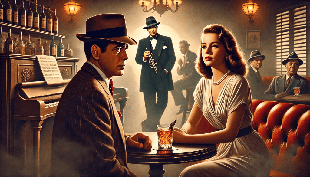 An AI-generated picture based off the idea of Humphrey Bogart and Ingrid Bergman sitting in his bar in Casablanca in the move Casablanca.